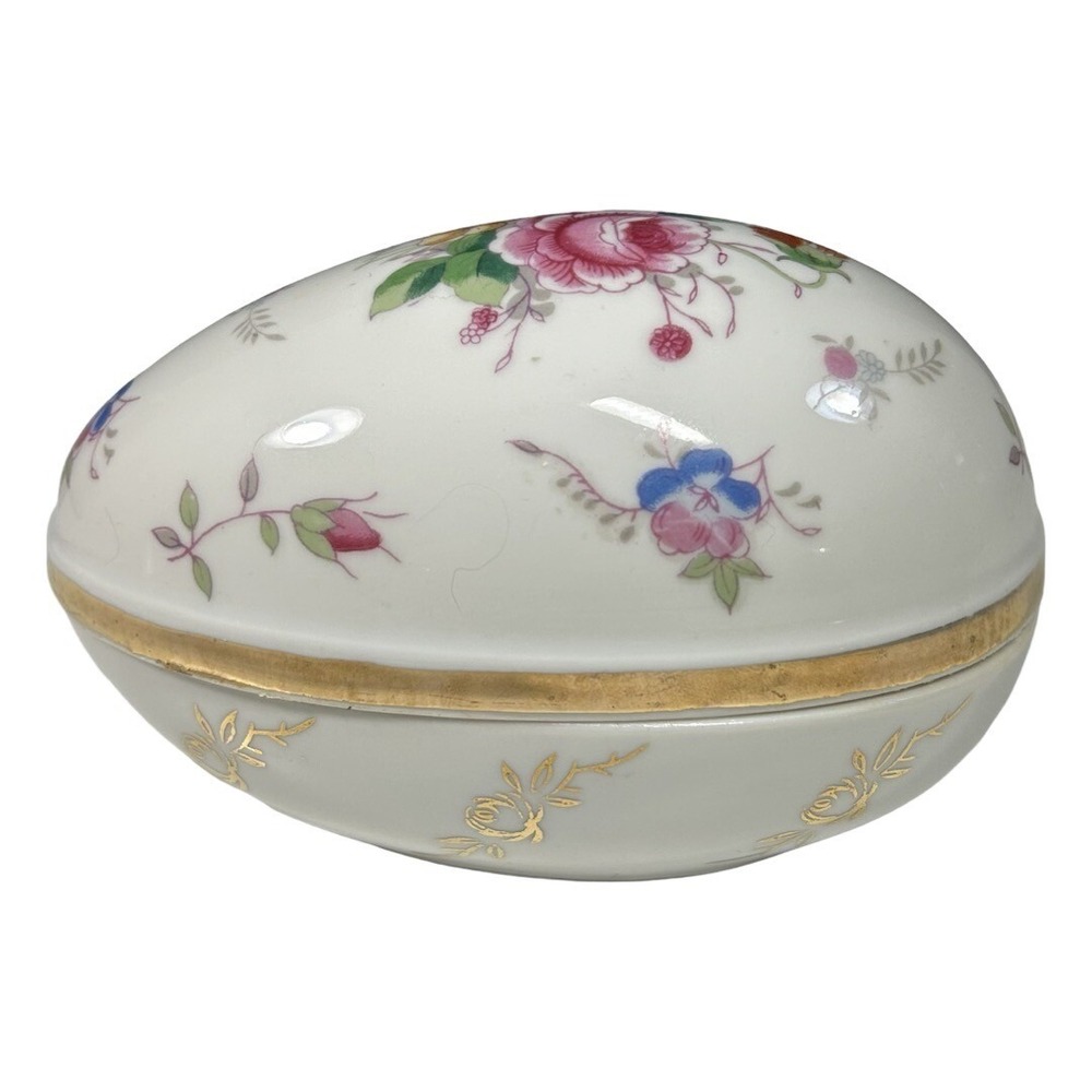 Vintage Porcelain Egg Shaped Trinket Box Candy Dish Floral Gold Trim - Picture 4 of 11